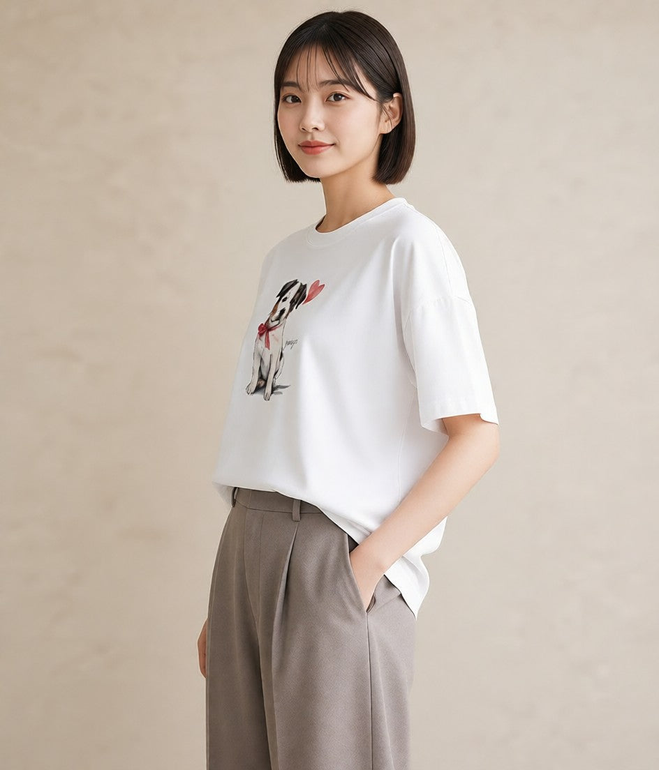 プリントTシャツ レディース 愛犬 犬 いぬ イラスト ゆるかわ 自分用 ルームウェア 白T YMAZO
