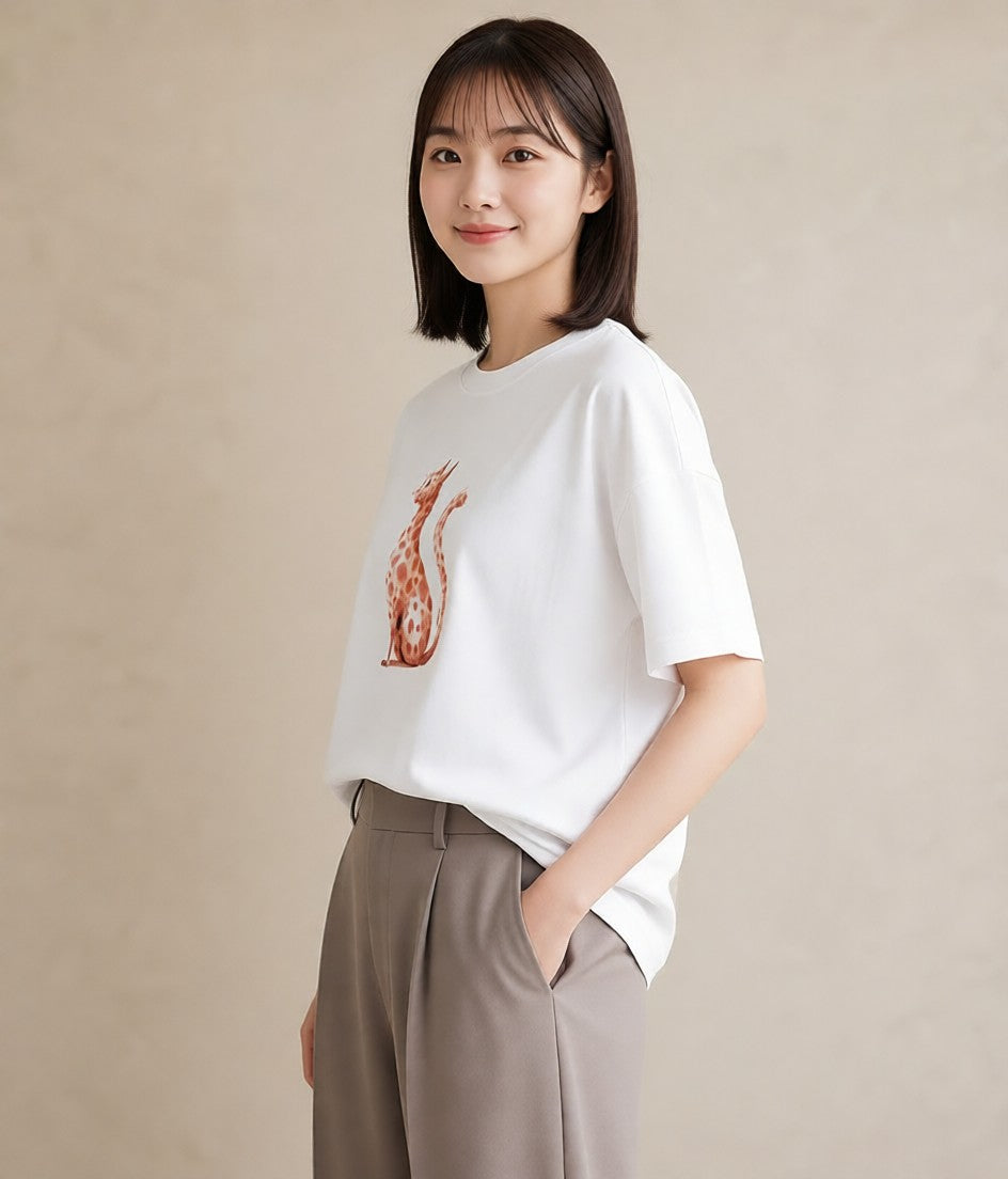 プリントTシャツ レディース サビ猫 猫 ねこ イラスト フェミニン 誕生日プレゼント 綿100 白T YMAZO