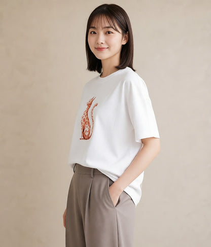 プリントTシャツ レディース サビ猫 猫 ねこ イラスト フェミニン 誕生日プレゼント 綿100 白T YMAZO