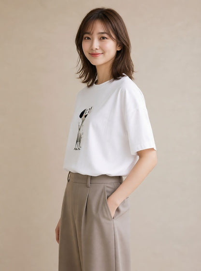 グラフィックTシャツ レディース わんこ 犬 いぬ イラスト フェミニン 秋コーデ おしゃれギフト 白T YMAZO
