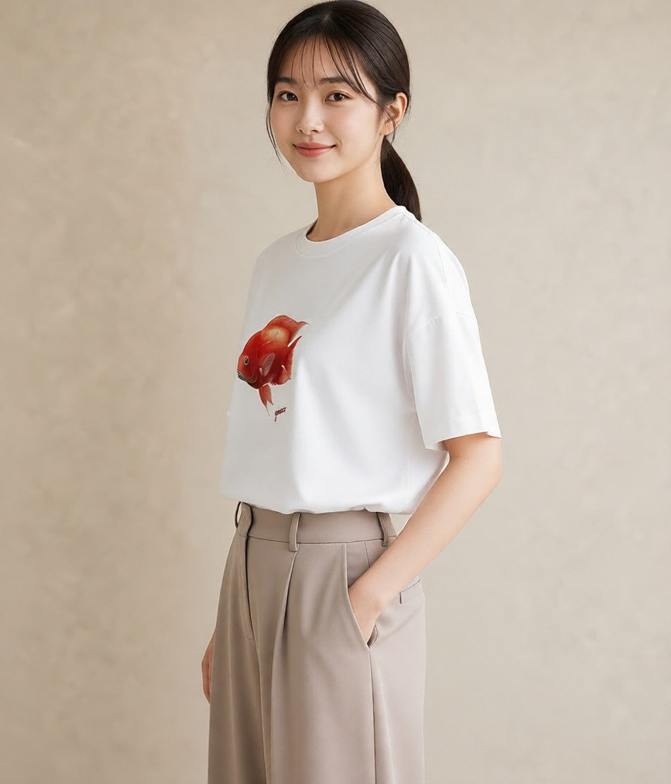 半袖Tシャツ レディース 出目金 ペット 動物 イラスト ユニーク 女性向けギフト 散歩 白T YMAZO