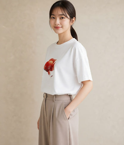 半袖Tシャツ レディース 出目金 ペット 動物 イラスト ユニーク 女性向けギフト 散歩 白T YMAZO