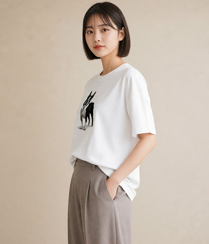 半袖Tシャツ レディース ボストンテリア 犬 いぬ イラスト フェミニン デート 帰省 白T YMAZO