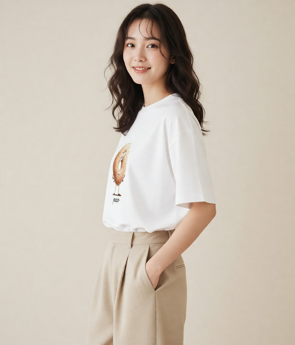 プリントTシャツ レディース ベーグル 食べ物 フード イラスト ミニマル 親子 20代 白T YMAZO