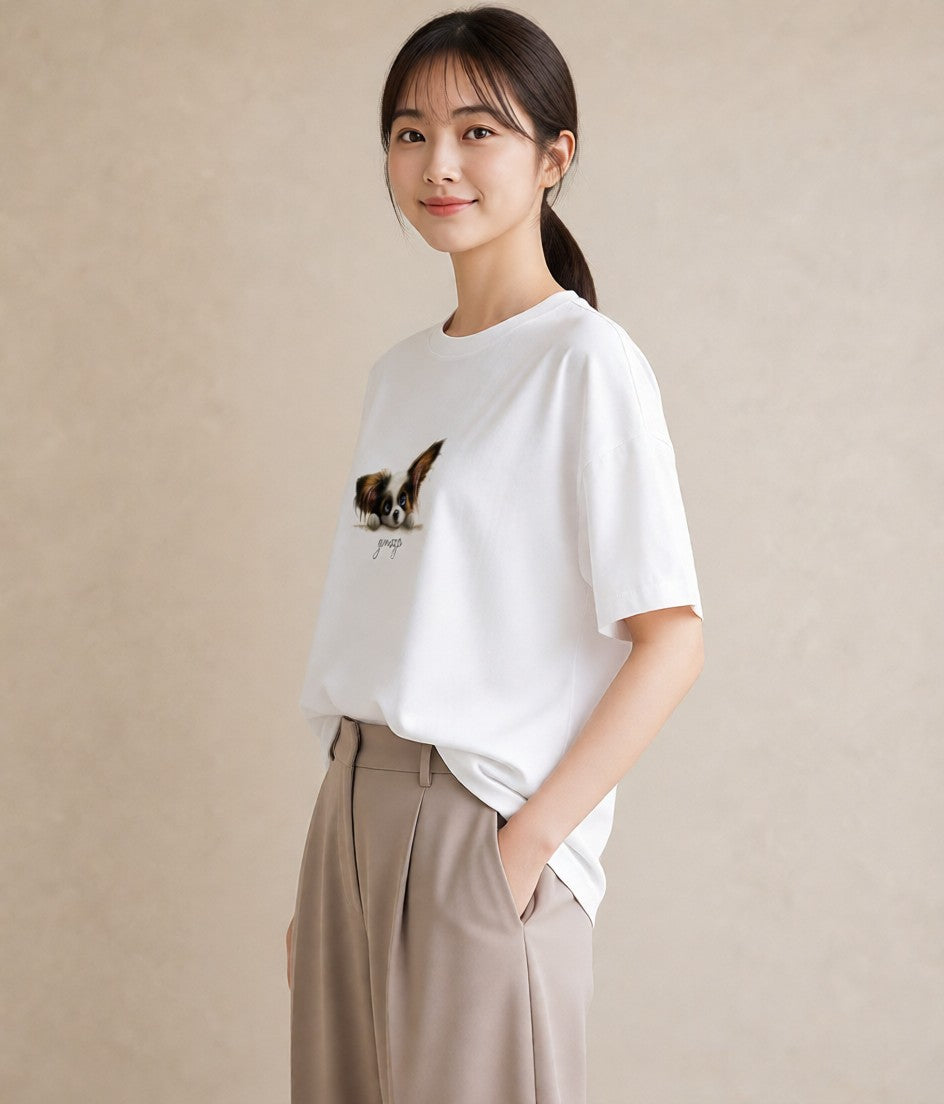 プリントTシャツ レディース パピヨン 犬 いぬ イラスト アート風 夏コーデ 通学 白T YMAZO