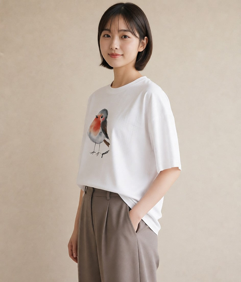 Tシャツ レディース 文鳥 ペット 動物 イラスト レトロ カジュアルコーデ 買い物 白T YMAZO