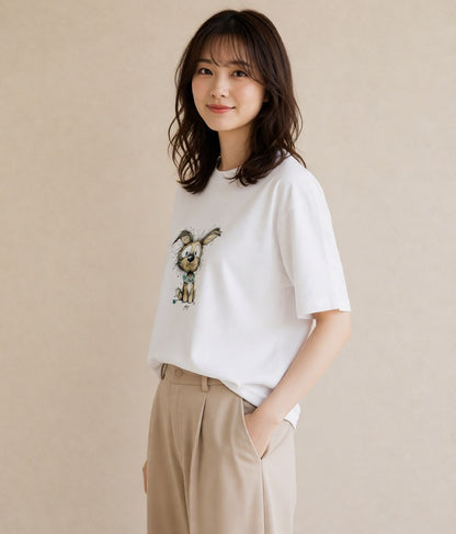 デザインTシャツ レディース 犬 いぬ イラスト こなれ感 カフェ巡り 女子会 白T YMAZO