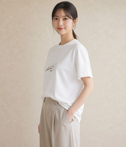 Tシャツ レディース ガラス瓶 小枝 ボタニカル ナチュラル アンティーク イラスト 個性的 誕生日プレゼント 綿100 白T YMAZO