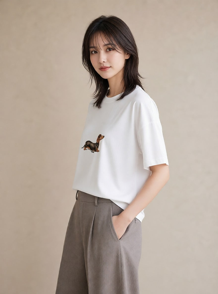 デザインTシャツ レディース ミニチュアダックスフンド 犬 いぬ イラスト ミニマル 親子 20代 白T YMAZO