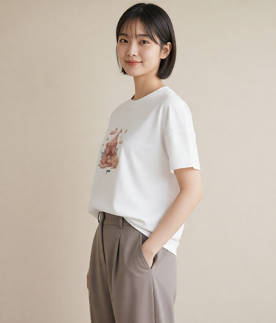 半袖Tシャツ レディース ポップコーン 食べ物 フード イラスト 旅行コーデ 社会人 女性 白T YMAZO