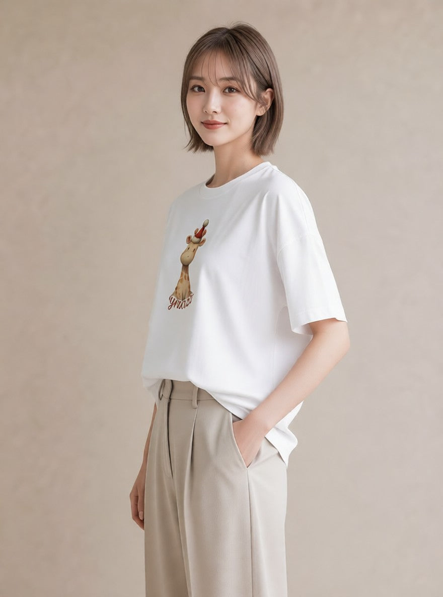 半袖Tシャツ レディース きりん 動物 アニマル イラスト 公園 ママ 白T YMAZO