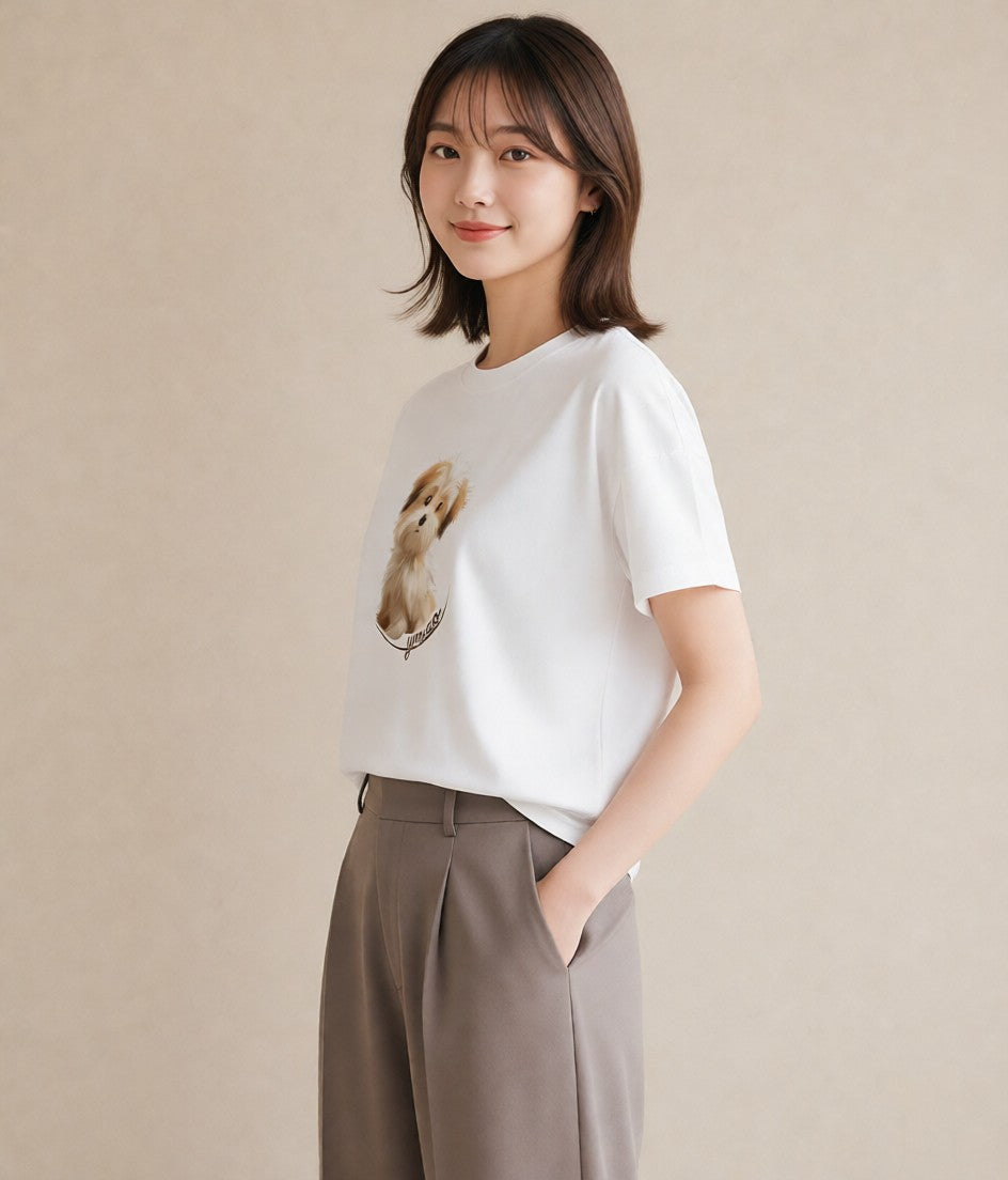 Tシャツ レディース わんちゃん 犬 いぬ イラスト ミニマル 普段着 週末コーデ 白T YMAZO