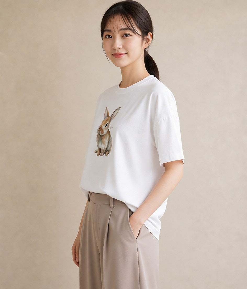 プリントTシャツ レディース ロップイヤー ペット 動物 イラスト レトロ 普段着 週末コーデ 白T YMAZO