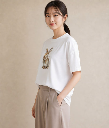 プリントTシャツ レディース ロップイヤー ペット 動物 イラスト レトロ 普段着 週末コーデ 白T YMAZO