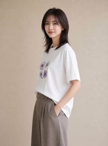 Tシャツ レディース スミレ 花 花柄 イラスト こなれ感 通勤 在宅 白T YMAZO