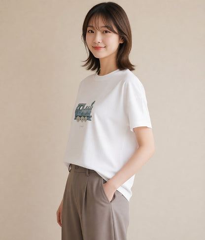 Tシャツ レディース 駅のホーム ローカル線 駅 ナチュラル アンティーク イラスト ユニーク 姉妹 送別ギフト 白T YMAZO