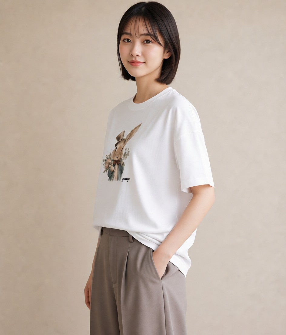 デザインTシャツ レディース ライオンラビット ペット 動物 イラスト 旅行用 海 白T YMAZO