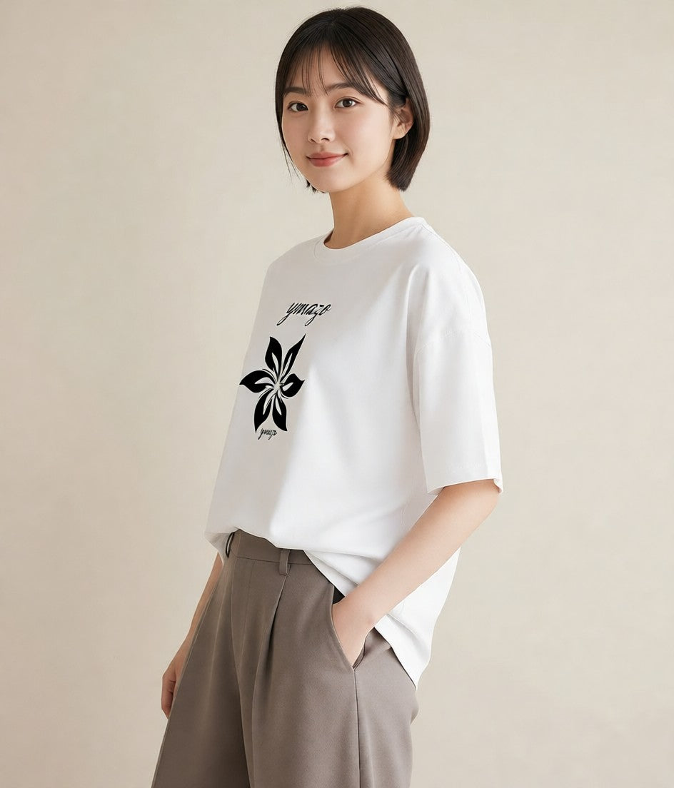 グラフィックTシャツ レディース 扇子 そよ風 ナチュラル アンティーク イラスト ガーリー 親子 20代 白T YMAZO