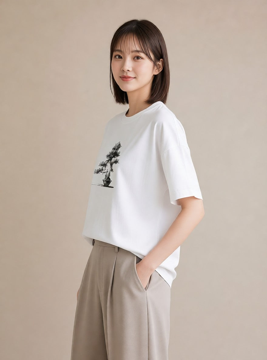 半袖Tシャツ レディース 盆栽 植物 ボタニカル イラスト ゆるかわ カジュアルコーデ 買い物 白T YMAZO