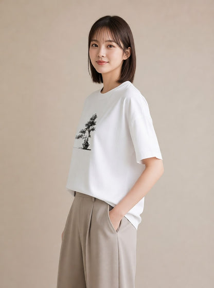半袖Tシャツ レディース 盆栽 植物 ボタニカル イラスト ゆるかわ カジュアルコーデ 買い物 白T YMAZO