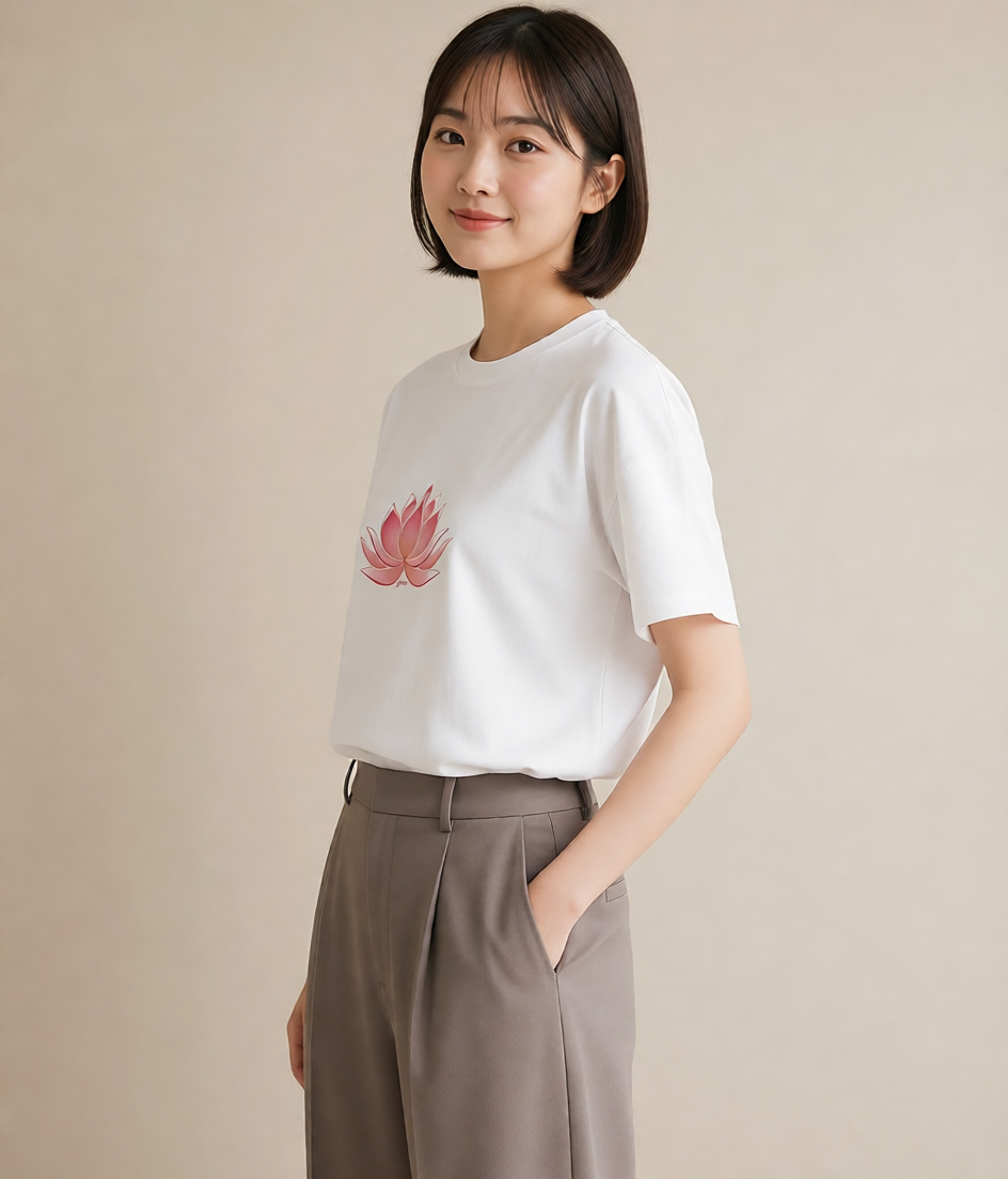グラフィックTシャツ レディース 蓮 花 花柄 イラスト モード 休日 ペアコーデ 白T