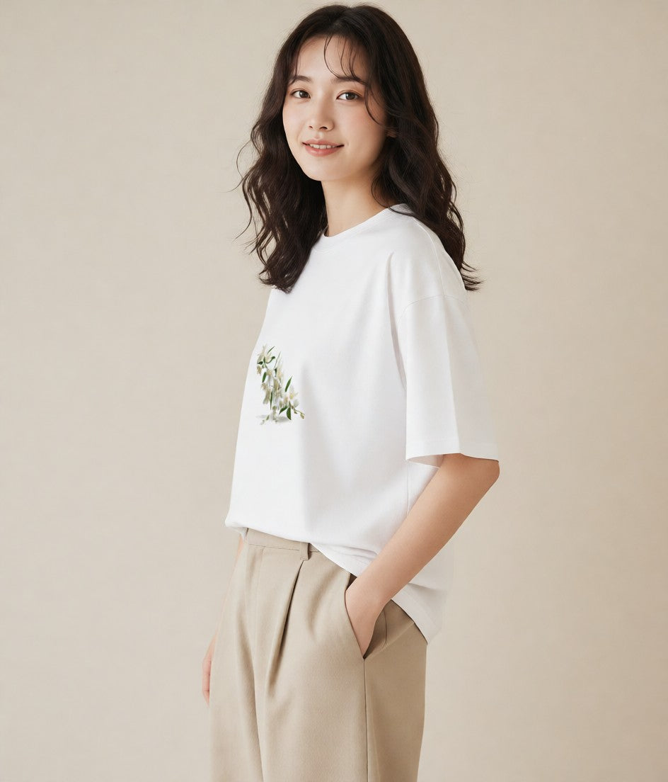 Tシャツ レディース 金木犀 花 花柄 イラスト ニュアンス 敬老の日 ホワイトデー 白T YMAZO