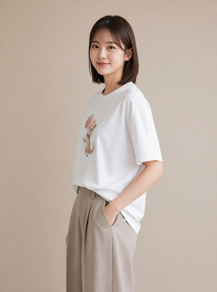 半袖Tシャツ レディース 子猫 猫 ねこ イラスト こなれ感 おしゃれギフト 社会人 白T YMAZO