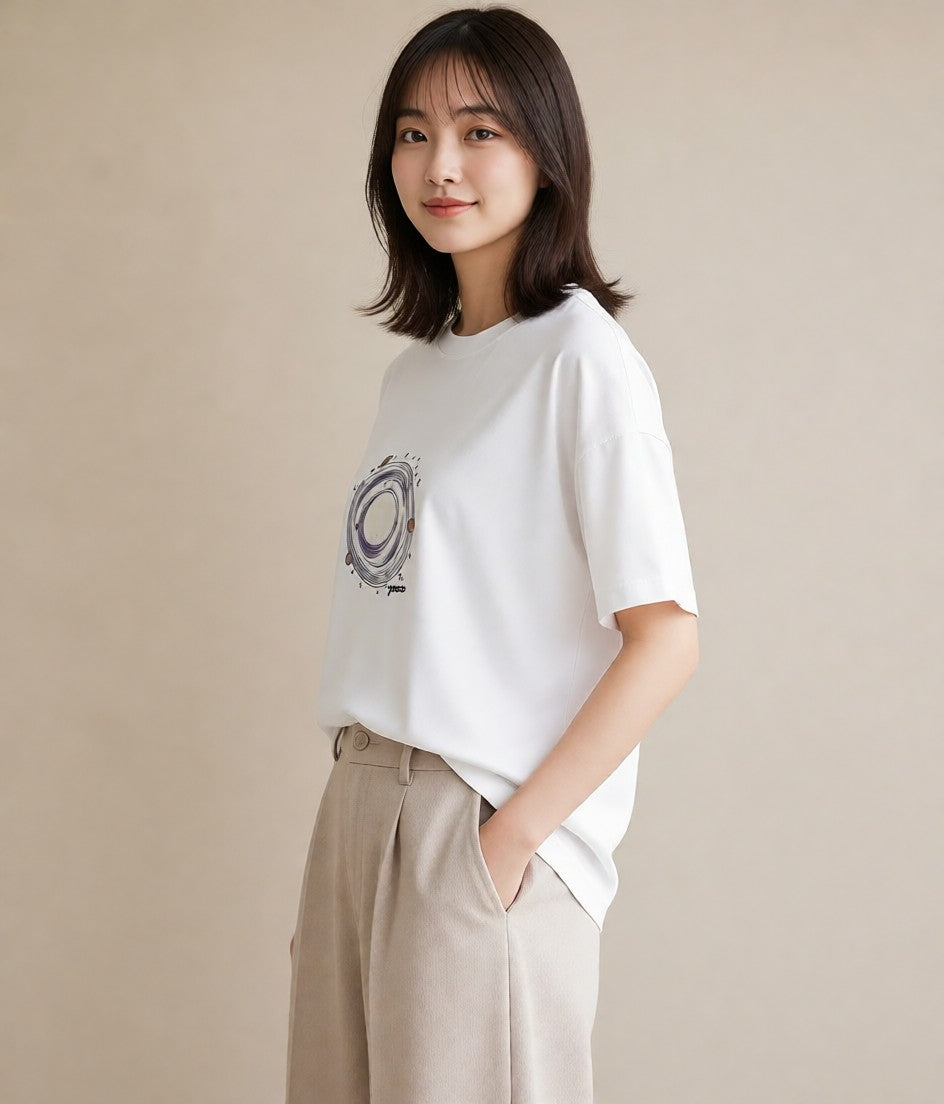 半袖Tシャツ レディース 満月 星空 宇宙 イラスト 手描き風 ペアコーデ 秋コーデ 白T YMAZO
