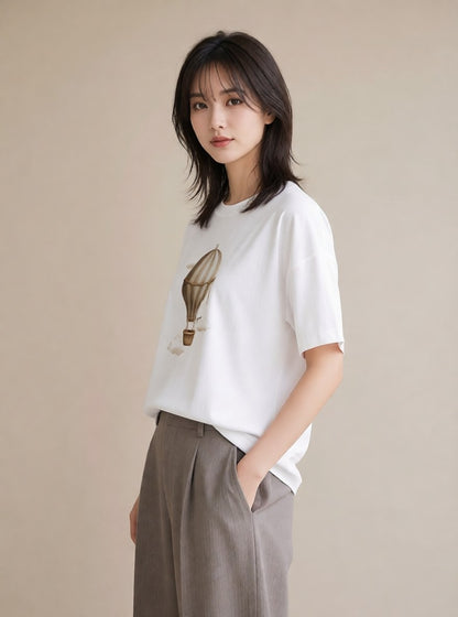Tシャツ レディース 気球 星空 宇宙 イラスト 上品 母娘コーデ 自分用 白T YMAZO
