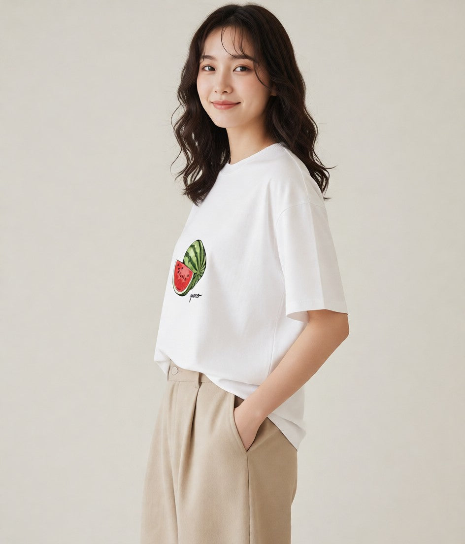デザインTシャツ レディース すいか 食べ物 フード イラスト 可愛い 週末コーデ 敬老の日 白T YMAZO