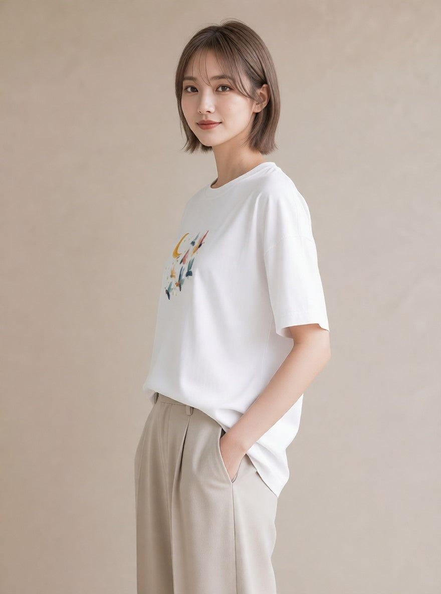 半袖Tシャツ レディース 月 星空 宇宙 イラスト お洒落 ホワイトデー 春服 白T YMAZO