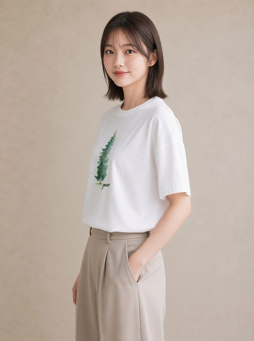 半袖Tシャツ レディース 松ぼっくり 植物 ボタニカル イラスト ニュアンス ペアコーデ 秋コーデ 白T YMAZO
