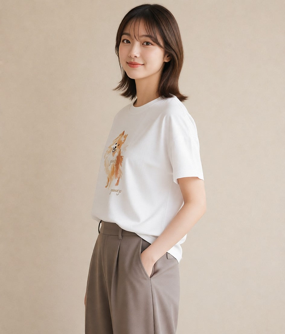 グラフィックTシャツ レディース ポメラニアン ポメ 犬 いぬ イラスト 韓国風 女性向けギフト 散歩 白T YMAZO