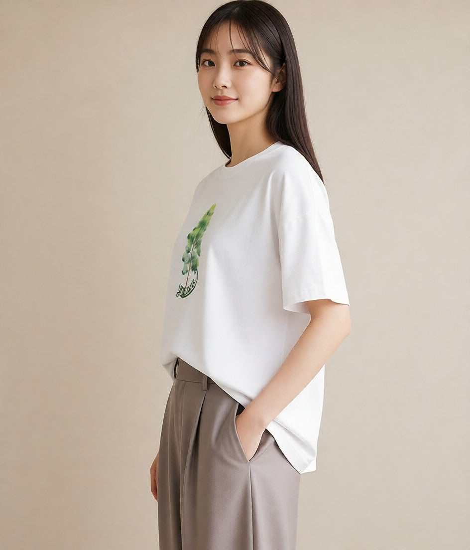 グラフィックTシャツ レディース 森 植物 ボタニカル イラスト 抜け感 カフェ巡り 女子会 白T YMAZO