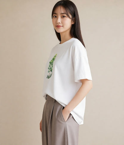 グラフィックTシャツ レディース 森 植物 ボタニカル イラスト 抜け感 カフェ巡り 女子会 白T YMAZO