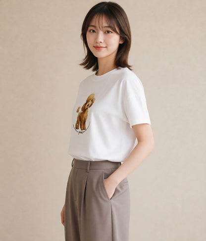 半袖Tシャツ レディース トイプードル プードル 犬 いぬ イラスト 手描き風 カジュアルコーデ 買い物 白T YMAZO