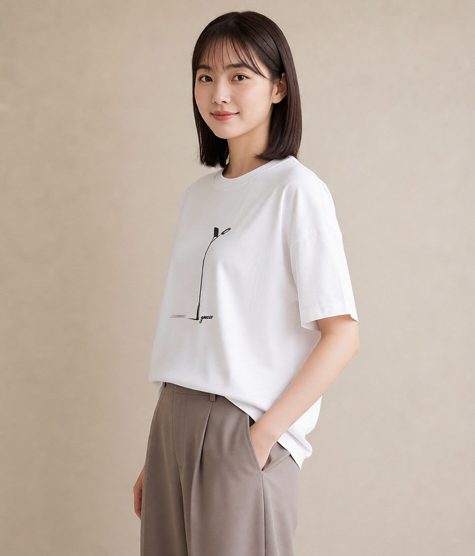 デザインTシャツ レディース 街灯 夜霧 夜 ナチュラル アンティーク イラスト カフェコーデ 海 カフェ巡り 白T YMAZO
