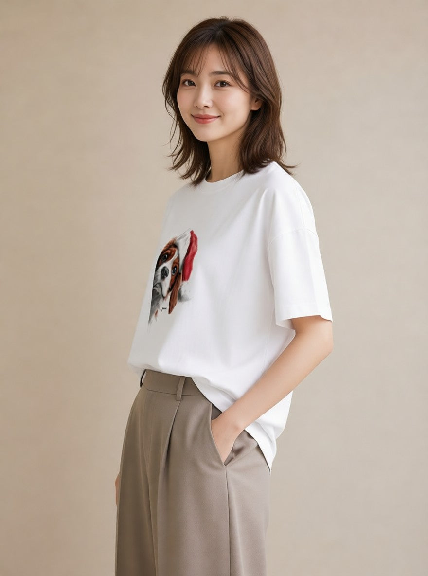 半袖Tシャツ レディース キャバリア 犬 いぬ イラスト 上品 ママ カフェ服 白T YMAZO
