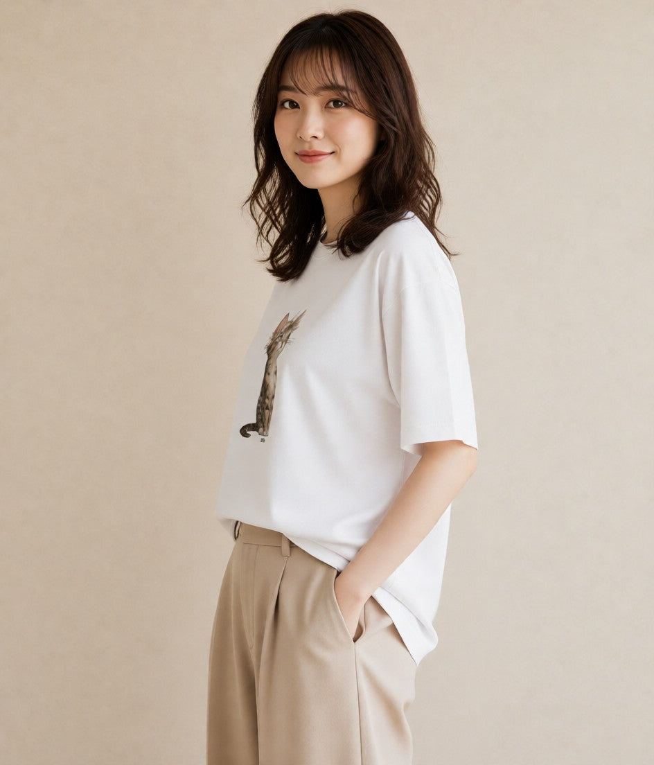 プリントTシャツ レディース 愛猫 猫 ねこ イラスト カジュアル 通勤 在宅 白T YMAZO
