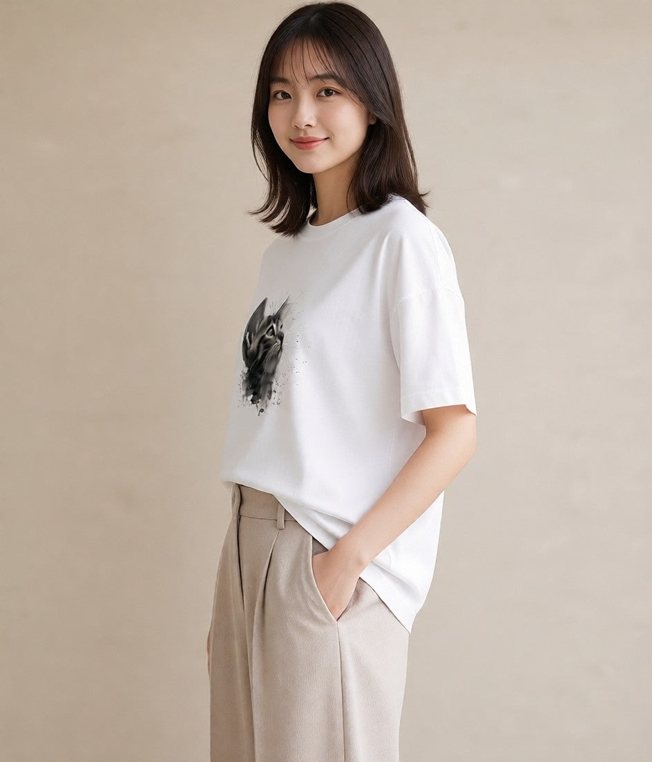 プリントTシャツ レディース 三毛猫 みけねこ 三毛 猫 ねこ イラスト 個性的 ミセス 春コーデ 白T YMAZO