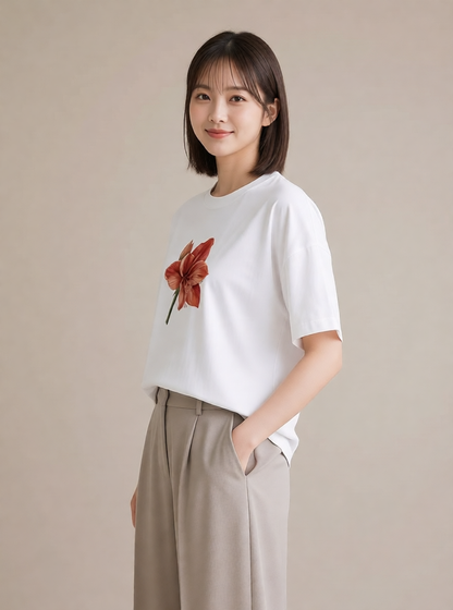 グラフィックTシャツ レディース ゆり 百合 花 花柄 イラスト きれいめカジュアル ビーチ デイリーウェア 白T