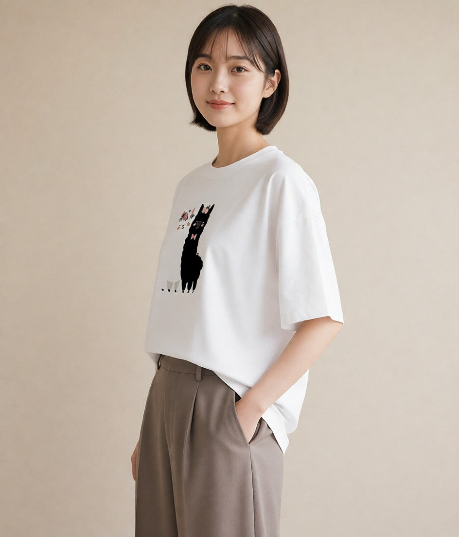 半袖Tシャツ レディース アルパカ 動物 アニマル イラスト 旅行コーデ ビーチ デイリーウェア 白T YMAZO
