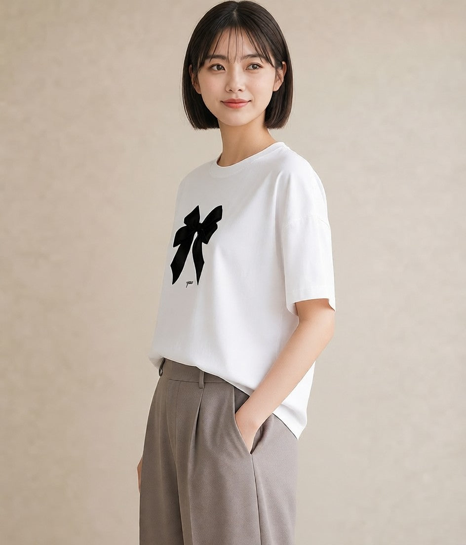 グラフィックTシャツ レディース リボン ボウ りぼん イラスト カフェコーデ お出かけ 普段着 白T YMAZO