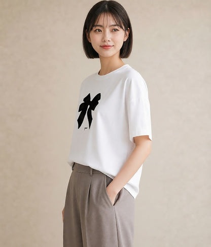 グラフィックTシャツ レディース リボン ボウ りぼん イラスト カフェコーデ お出かけ 普段着 白T YMAZO