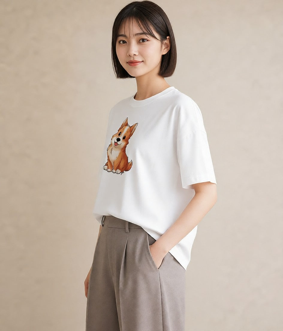 グラフィックTシャツ レディース わんこ 犬 いぬ イラスト ミニマル 送別ギフト 通勤 白T YMAZO