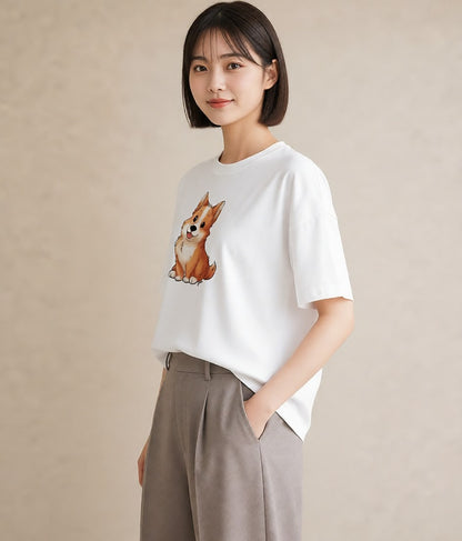 グラフィックTシャツ レディース わんこ 犬 いぬ イラスト ミニマル 送別ギフト 通勤 白T YMAZO