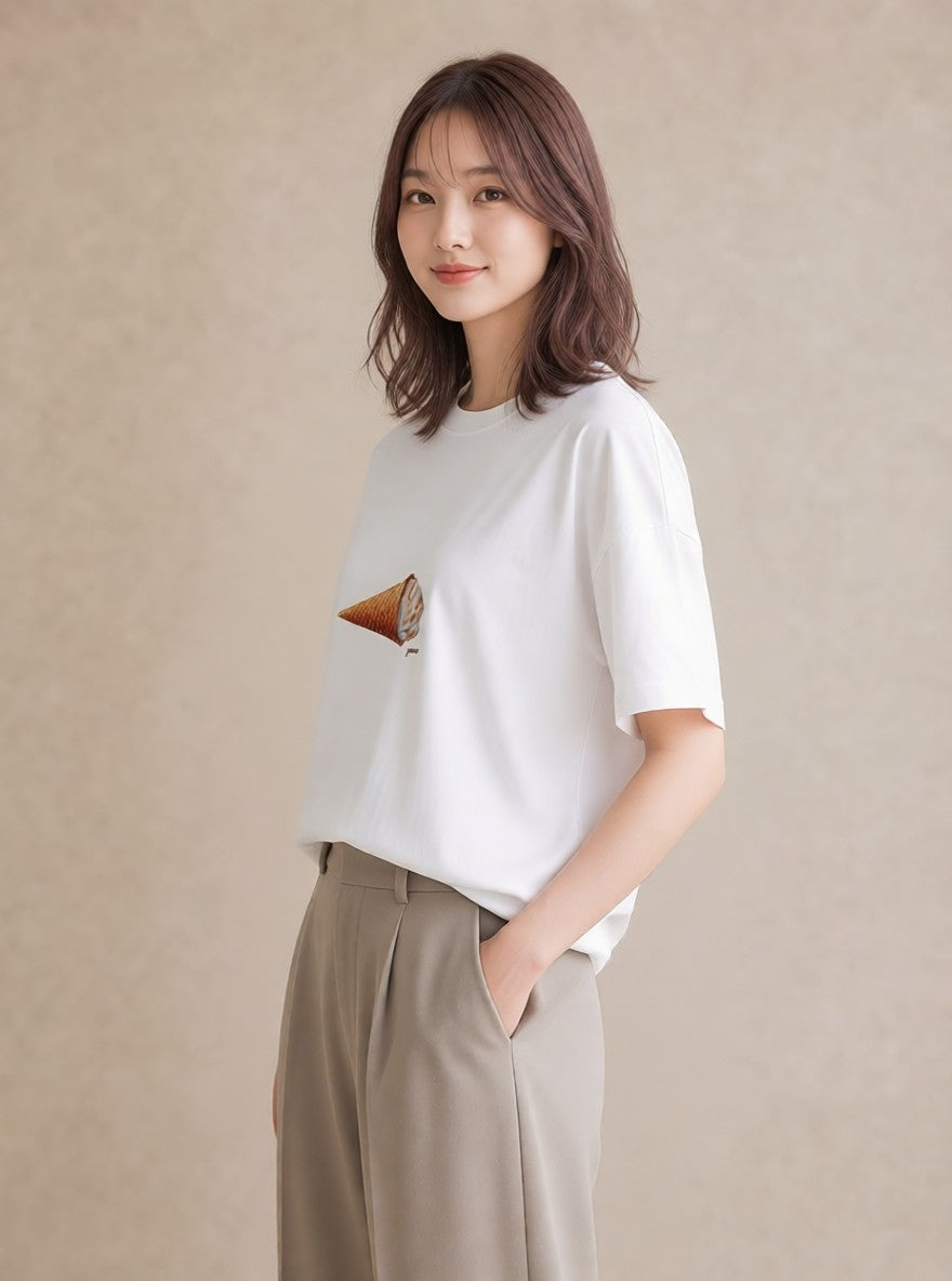 プリントTシャツ レディース アイス 食べ物 フード イラスト ゆるコーデ 春服 ミセス 白T YMAZO