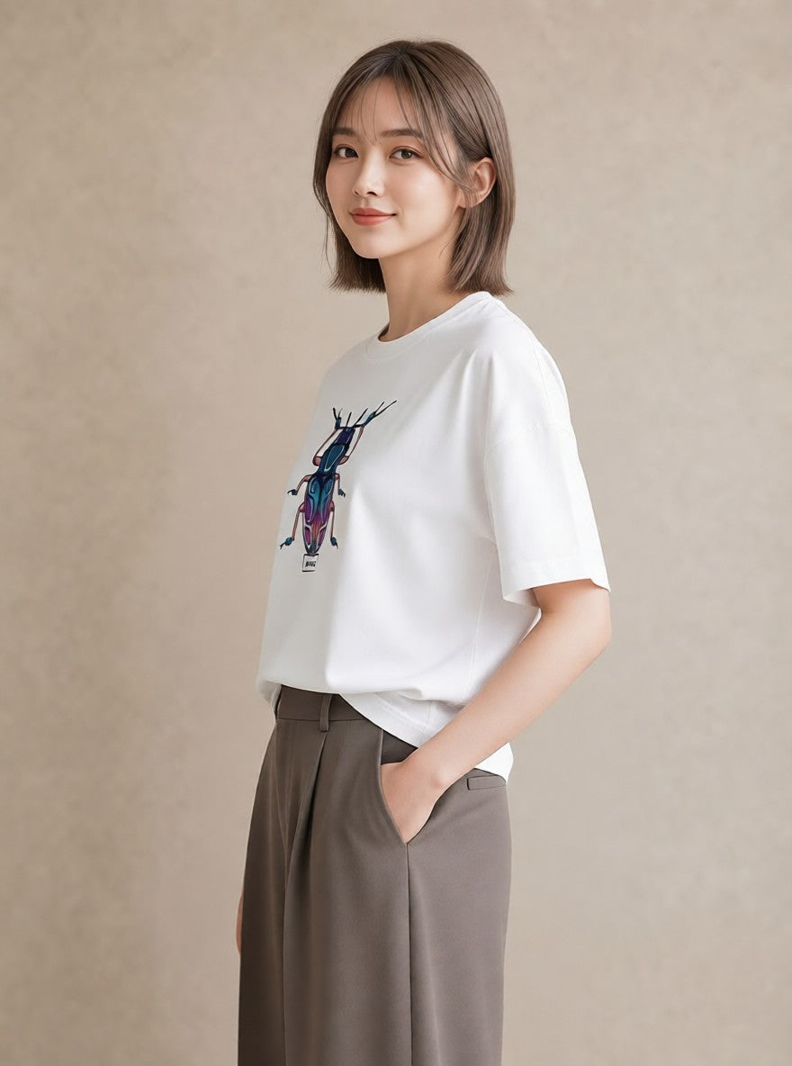 プリントTシャツ レディース クワガタ 昆虫 虫 イラスト ユニーク 夏コーデ 通学 白T YMAZO