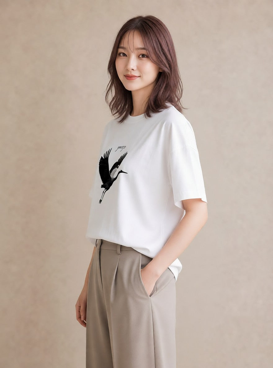 Tシャツ レディース 折り鶴 折り紙 ナチュラル アンティーク イラスト ポップ カフェ巡り 女子会 白T YMAZO