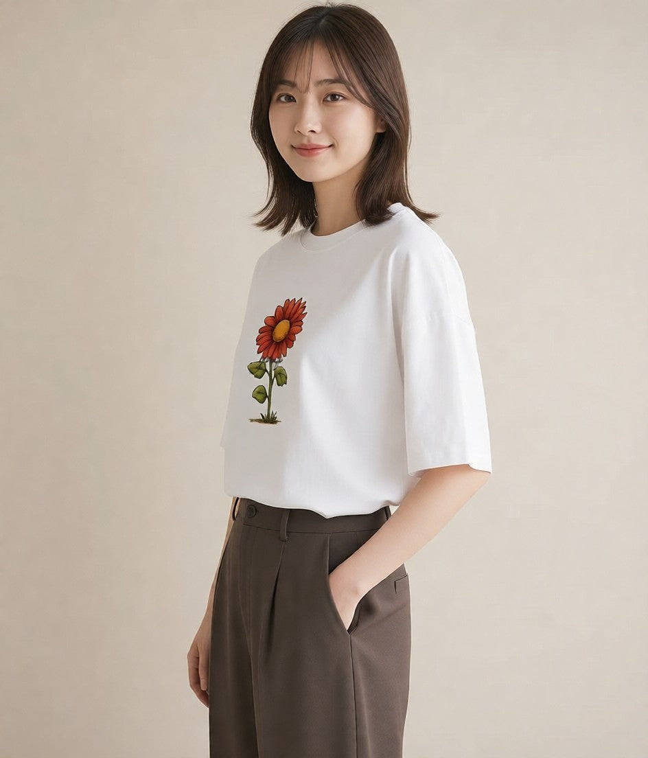 プリントTシャツ レディース ひまわり 向日葵 花 花柄 イラスト カフェコーデ 普段着 週末コーデ 白T